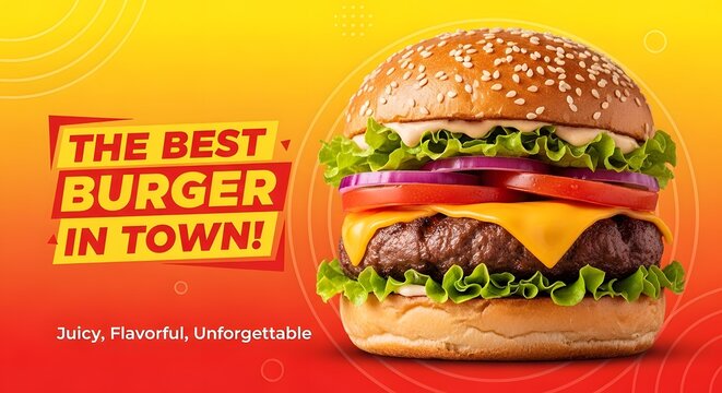 Close-up of a delicious juicy burger with lettuce tomato onion cheese set against a yellow and orange gradient background, fast food