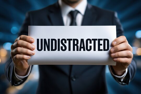 A Man in a Suit Holding a Sign with the Word Undistracted