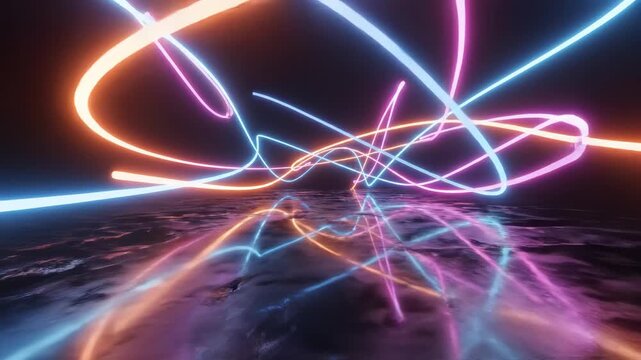 Neon light trails on reflective surface highlighting geometric patterns and contemporary art