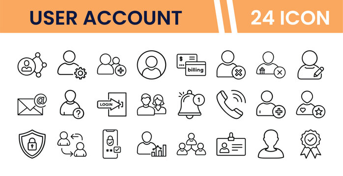 User Account 24 Icon Set, essential user profile and management vector icons, modern UI/UX design elements for web and mobile applications, business and technology interface graphics