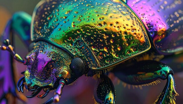 金属的なグリーン・パープル・ゴールドに変化するスカラベ甲虫の甲羅のマクロテクスチャ