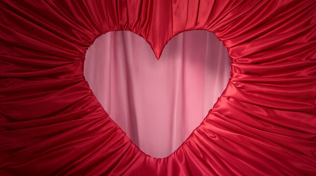 Red satin curtain pulled back to form a heart shape with soft pink backdrop. Valentine concept background