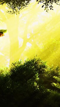 Sunlight streams softly through a vibrant green forest, creating a magical atmosphere at dawn. The golden rays touch the leaves, illuminating the serene beauty of nature.