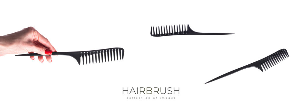 Hair comb in hand isolated on white background. Hairbrush isolated. 