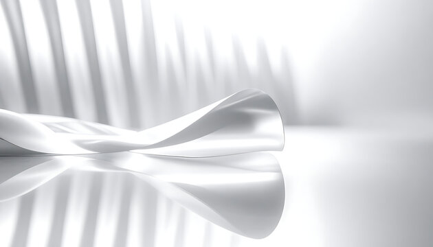 abstract white flowing fabric sculpture with soft light and shadows, reflective surface, elegant minimalist background, modern design