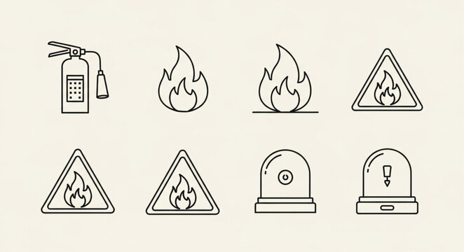 Fire Safety Icons Set Including Extinguisher Warning Signs and Alarm.