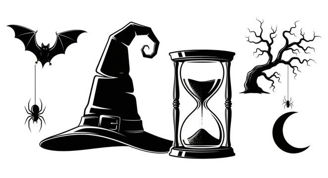 Halloween symbols including witch hat hourglass spider bat moon tree.