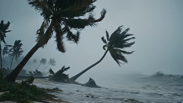 Palm trees bent by strong wind on beach emphasizing natural beauty and pristine environments