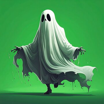 Spooky specter floats. A classic sheet-draped figure floats on a vibrant green background, arms outstretched in a spectral dance. Dark holes define eyes