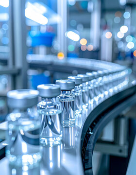 Process in pharmaceutical factory, rows of sterile glass vials, bright clinical lighting, machinery and glass, sterile and high-tech atmosphere.