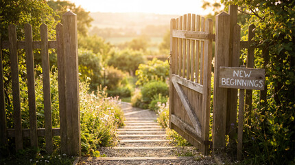 Fototapeta premium Open gate at the top of ascending stone steps with sunlight beyond new opportunity future