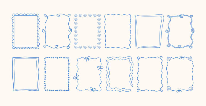 Set of whimsical frames with wavy lines, seashells, bows, rope. Hand drawn trendy doodle sea style. Minimalist blue border line art.
