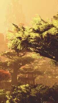 A serene scene captures a vibrant landscape filled with lush trees and distant rocky cliffs.