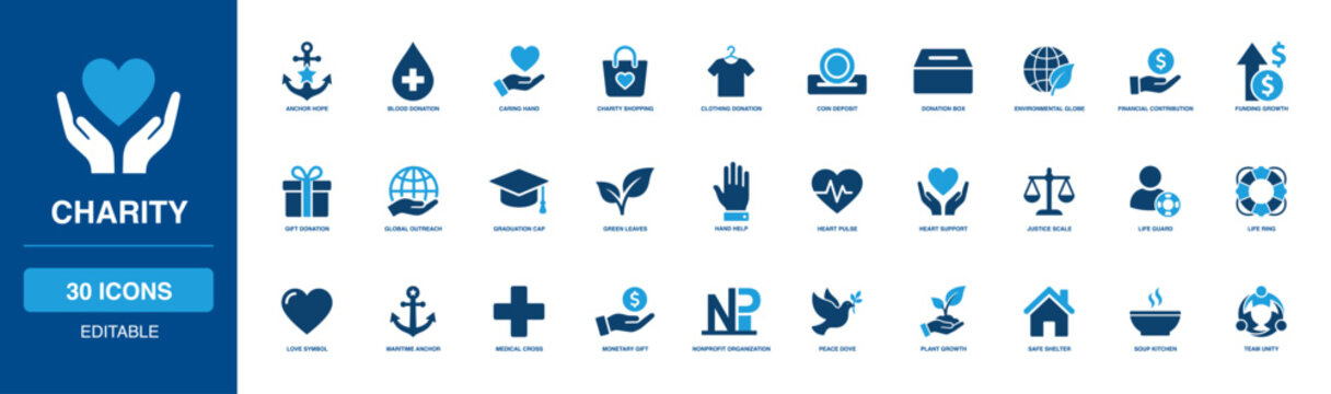 Philanthropic Charity Solid Icon Set showing generous donation box, strong heart pulse, vast global outreach, strict medical cross, fair justice scale, and calm peace dove moral support broad concepts