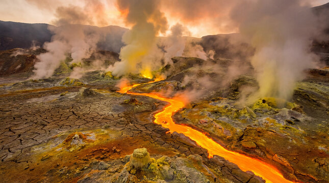 A river of liquid sulfur winding between vents of superheated gas volcanic glowing dangerous landscape