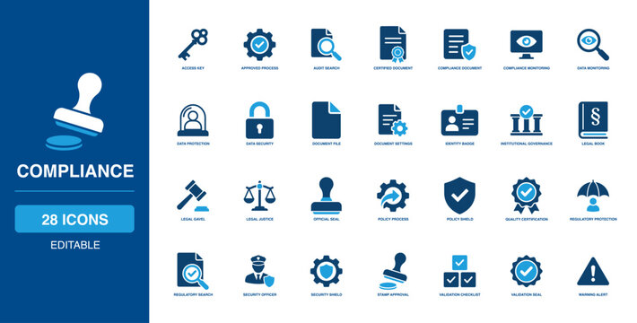 Regulatory Compliance Solid Icon Set displaying thorough audit, official seal, tight shield, exact validation, and high security checking tools for strict legal policy monitoring formal procedures.