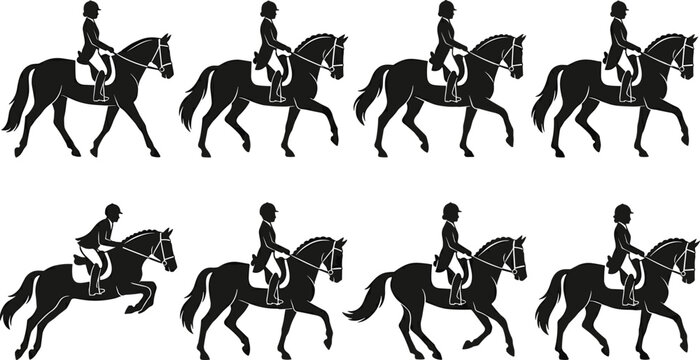 Horse Riding Silhouette Vector Set Featuring Equestrian Riders in Walking, Trotting, and Jumping Poses for Sports Design, Equestrian Illustration, and Outdoor Graphics