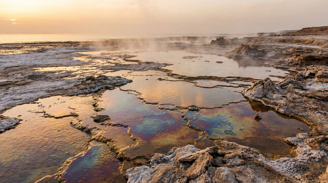 A shallow sea of superheated brine shimmering with metallic colors surreal alien landscape beauty