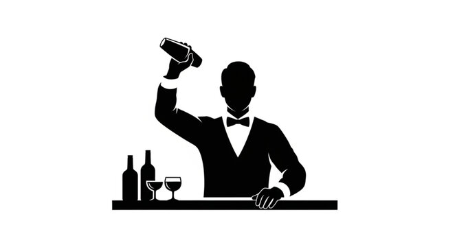 Silhouette of Bartender Serving Drinks at Bar Counter.