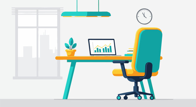 Modern office setup with desk, chair, laptop, plant, and window view