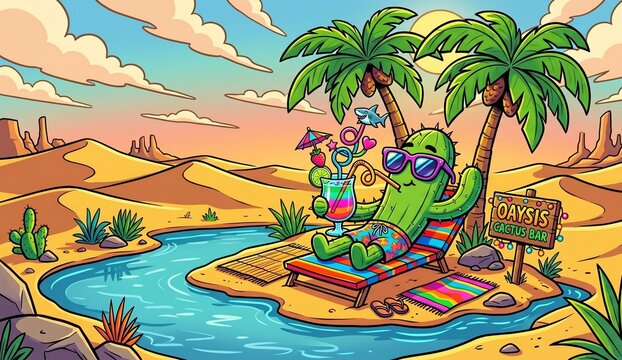 Cartoon illustration of a funny cactus character in swim trunks and sunglasses relaxing on a sunbed at a desert oasis bar, sipping a whimsical cocktail.