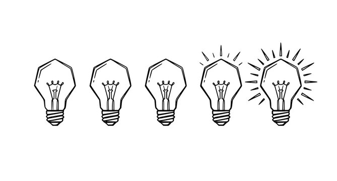 Light bulb glowing sequence vector illustration showing progression from off to a bright glowing creative idea template