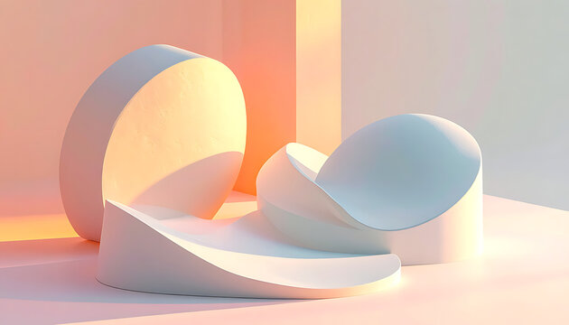 Abstract geometric shapes and curves creating a modern podium or display stand bathed in warm golden hour light, soft shadows, minimalist architectural setting
