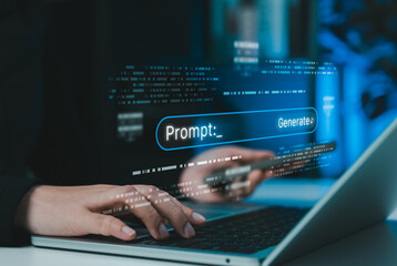 Generative AI prompt engineering concept. Person typing command on laptop with search bar, prompt interface, generate button, coding data to represent artificial intelligence content creation systems. © Sandwish