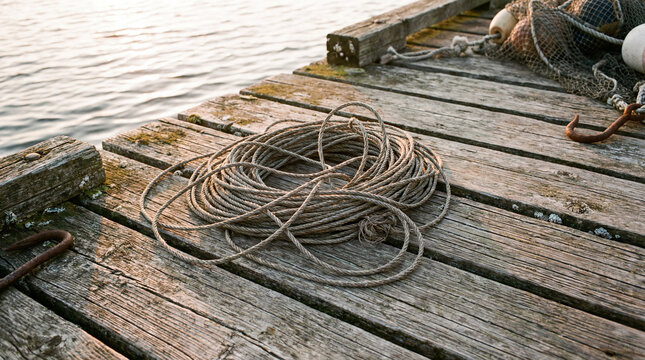 A meticulously coiled fishing line with delicate loops and twists lies on weathered wooden dock