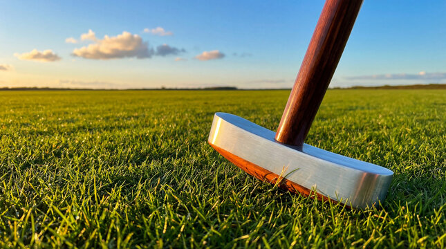A sleek luxurious polo mallet with a polished wooden handle and an elegant silver-colored head