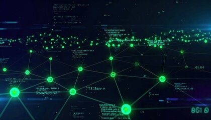 Obraz premium Abstract Digital Network Connections with Glowing Green Nodes and Data Streams.