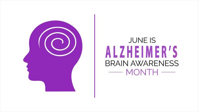 Animation of the theme of   Alzheimer's and Brain awareness month is observed every year in June. Cognitive Decline Concept with Human Head Spiral Brain Animation