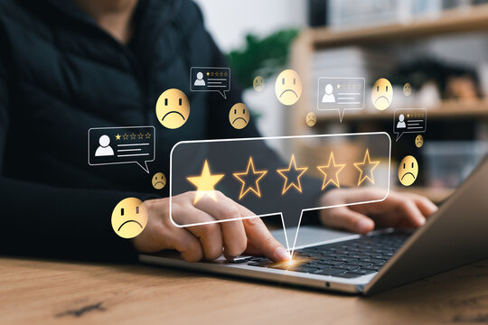 Negative customer feedback concept. Woman selecting low star rating on laptop with sad emojis, bad review comments, dissatisfaction survey, poor service evaluation, complaint response, user experience