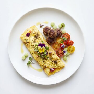 Breakfast plate with za atar omelette lamb kofta bites heirloom tomatoes cucumbers fresh herb garnish