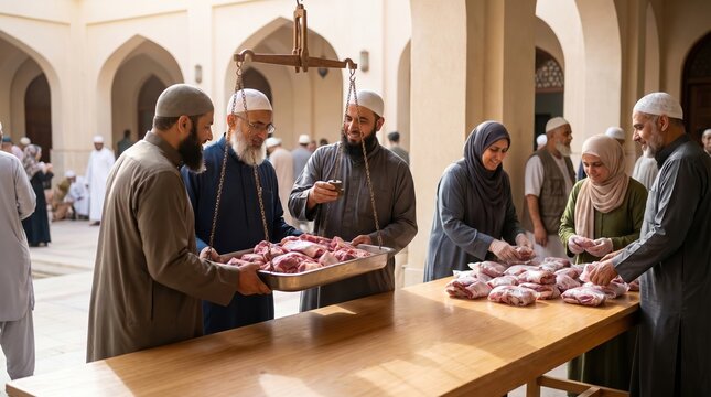Muslim community members distribute fresh sacrificial meat for charity in a mosque courtyard during Eid al-Adha, fostering generosity and communal spirit