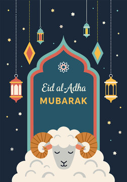 Vector illustration of eid al-adha mubarak with cute sheep