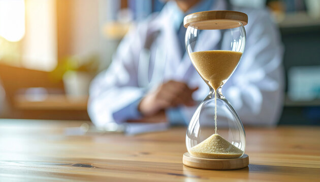 Hourglass on wooden desk with sand flowing down, softly blurred doctor in white coat, time pressure in medicine and patient care urgency.