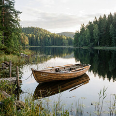 Obraz premium Small wooden rowboat on a quiet lake with serene peaceful natural landscape no people tranquil