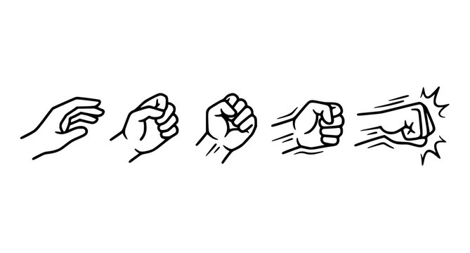 Step by step continuous line art of a closing hand forming a clenched fist and striking punch isolated