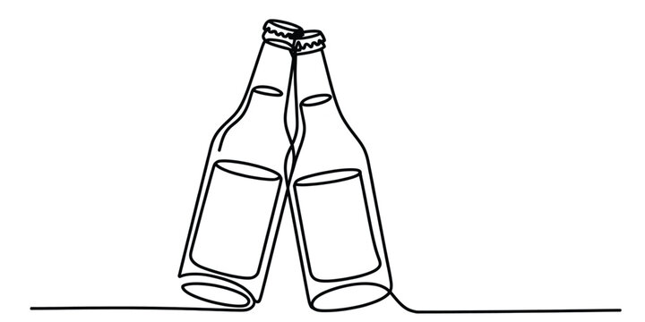 Two beer bottles clinking in continuous line drawing style