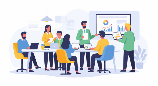 Diverse team collaborating in a modern office space, analyzing data and presenting findings on a screen