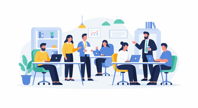 Diverse team collaborating in a modern office space with laptops and charts visible