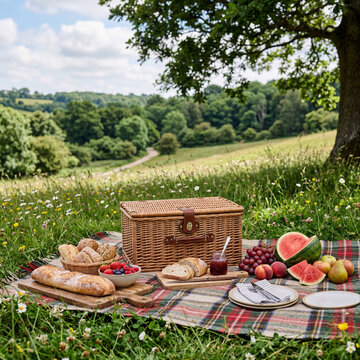 Wicker picnic basket filled with fresh seasonal fruits and rustic artisan bread outdoors
