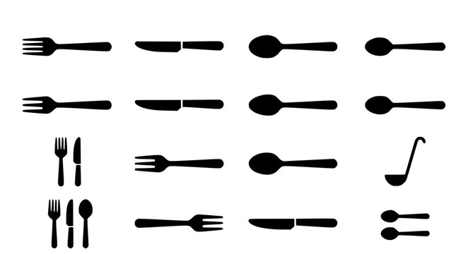Cutlery silhouette icon set featuring forks knives spoons ladle and silverware elements for restaurant menu design isolated
