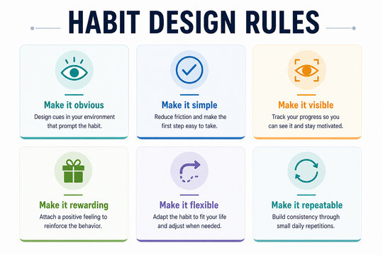 It displays habit design rules with visual cues and explanations for building positive habits. It&rsquo;s a graphic illustrating how to create consistent behavior change through environmental design and rei