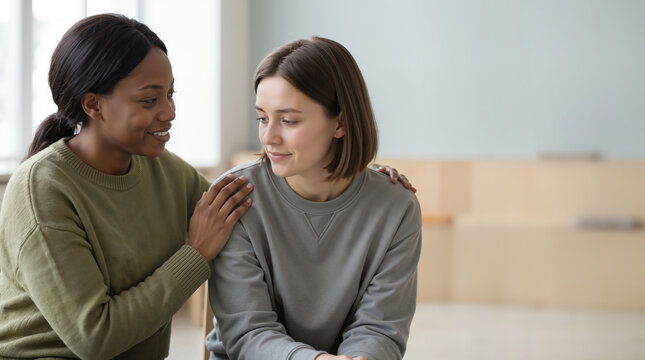 Psychologist comforting a student during a counseling session. Professional support for academic stress and mental health