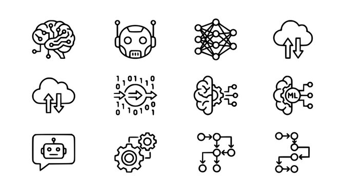 Artificial intelligence and machine learning line icon set featuring brain robot cloud binary data and neural network elements