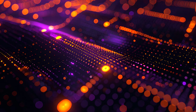 Abstract glowing digital network, flowing data streams with vibrant orange and purple bokeh lights, futuristic technology background