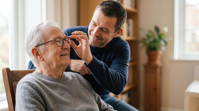 Adult son helping his elderly father put on glasses. Caring man assisting senior parent at home. Family support and aging concept