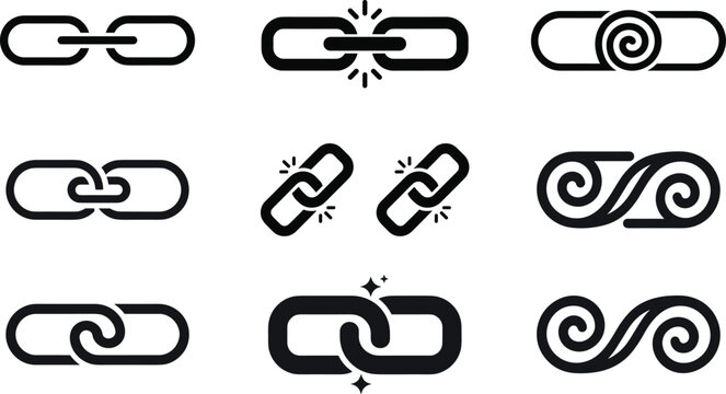 Link chain icons set with connection symbols broken links secure linking and network relationship abstract vector collection